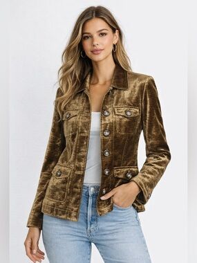 Cabi Flash Jacket Bronze Velvet Button Front Slim Fit Fall Layer Quiet Luxury S